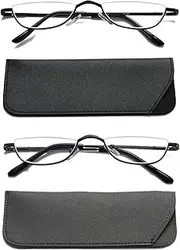 VISENG 2 Pairs Half Frame Reading Glasses for Women Men Slim Half Moon Lens Readers Metal Semi Rimless eyewear +1.25