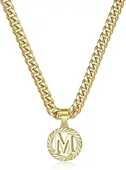 [KissYan] Gold Initial Necklace, 14K Gold Plated Round Letter Pendant Hollow Capital Monogram 5 mm Cuban Chain Necklace Alhpabets from A-Z Dainty Jewelry for Women Men Girls (Letter M)