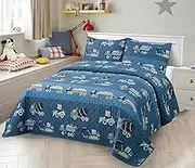 Kids Zone Collection Bedspread Set Kids/Teen Construction Vehicles Quilted Bedding Set Trucks and Tractors Pattern Blue Twin New # C-Mixer