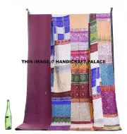 100% Silk Bohemian Patchwork Kantha Sari Quilt Indian Patchwork Queen Bedspread