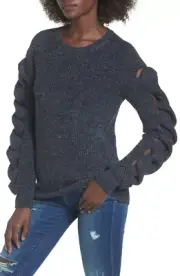 LEITH 164919 Women's Crew Neck Twist Sleeve Sweater Dark Gray Sz. Large
