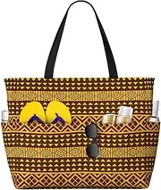[Ghjkfbf] Yellow And Brown Triangles Print Large Capacity Beach Travel Bag For Family, Beach Tote Bag For Women With Zipper Pockets, Black, One Size