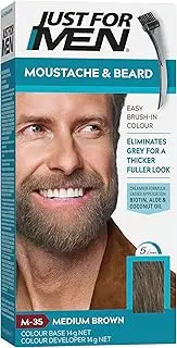 Just For Men Moustache & Beard, Beard Dye For Grey Hair With Brush Included, Eliminates Grey For A Thicker & Fuller Look - Colour: Medium Brown, M-35
