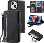 UEEBAI Wallet Case for iPhone 15 6.1 inch, Retro 9 Card Holder Slots Zipper Pocket Handbag Wallet Case PU Leather Magnetic Closure Kickstand with Wrist Strap TPU Shockproof Flip Case - Black