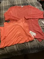 Chicos Ribbon Open Knit Mesh Sweater Orange Fishnet Long Sleeve 2 Piece Shirt