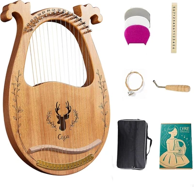 Lyre Harp, 16-String Harp Solid Wood Mahogany Lyre Harp with Tuning Wrench, Pick
