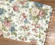 Table runner pink blue flowers ball trim, liner on the back, 14.5 x 42, handmade