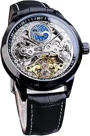 [FORSINING] Men's Skeleton Moon Phase Watch Mechanical Self-Wind Tourbillon Dual Time Zone Watches Automatic Luxury Leather Strap Large Dial Wristwatch