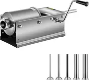 Happybuy Horizontal Stuffer 3L/ 7Lbs Manual Maker with 5 Filling Nozzles Sausage Stuffing Machine for Home & Commercial Use Stainless Steel, 3L/7Lbs, Silver