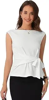[Allegra K] Tie Front Blouse for Women's Boat Neck Cap Sleeve Work Top