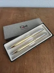 Vintage Random Logo QUILL Ballpoint Pen + Mechanical Pencil Boxed Set Goldtone