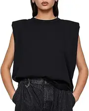 [Meladyan] Women’s Solid Cotton Padded Shoulder Sleeveless Tee Vest Crew Neck Loose Tank Tops