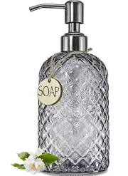 18Oz Gray Glass Soap Dispenser with Rust Proof Pump Refillable Kitchen Soap Dis