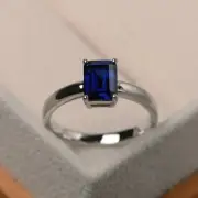 Unique wedding ring, blue sapphire ring, emerald cut blue gemstone, September