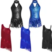 Girls Salsa Rumba Tango Sequins Dance Costume Latin Dress Tassel Skirted Leotard