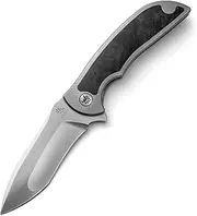 KATSU Folding Camping Japanese Knife, Titanium & Carbon Fiber Handle, Frame Lock, EDC Knife w35VN Steel Stonewashed Multi-Ground Blade, Pocket Clip, Leather Sheath