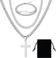 [Leikedun] 3PCS Men's Necklaces Bracelet Set, Stainless Steel Cross Necklace for Men With Velvet Bag, Silver Sturdy Cuban Snake Chain Necklace Cross Chain Jewelry Gifts for Men Teen, one size, Stainless