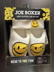 Joe Boxer Winky Smiley Face Emoji Slipper & Hat Set Sz L 10/11 Ivory Women's