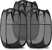 Cozioz Collapsible Mesh Laundry Hampers with Handles & Pocket - Foldable Baskets for Dorm, Bathroom, Travel (Black, Set of 3)