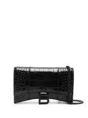 Balenciaga Hourglass Wallet On Chain Crocodile Embossed Black