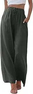 Cotton Linen Palazzo Pants for Womens Wide Leg Flowy Casual Pants Elastic Hight Waist Drawstring Loose Boho Beach Trousers