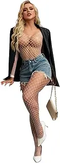 [Tender Whisper] Women's Sexy Mesh BodyStocking Crotchless Fishnet Long Sleeve Bodysuits One Piece Jumpsuit Underwear