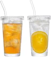Glass Tumbler with Straw and Lid Iced Coffee Cup,Set of 2 Glass Cups,Smoothie Cup,12.7 Oz Used for Whiskey, Fruit Juice, Smoothies,and Cold Drinks