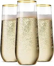 12 Pack Stemless Plastic Champagne Flutes 9 Ounce Gold Rim Clear Plastic Shower Cups Shatterproof Recyclable, Ideal for Mimosa Bar Supplies and Celebrations