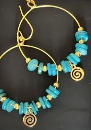 Beautiful Gold and Blue Shell Heishi Bead Hoop Earrings.