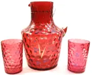 Antique HandBlown Cranberry Glass Pitcher Matching cups with applied enamel