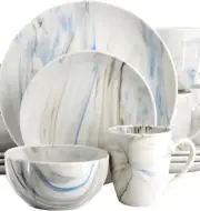 Elama 16-Piece Blue & Gray Marble Pattern Porcelain Dinnerware Set Service for 4