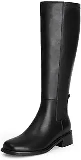 [QIY] Knee High Boots Women Faux Leather Elastic Boots Low Heel Square Toe Side Zipper Fall Long Tall Boots for Women