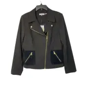 Calvin Klein Women's Black Moto Jacket Size 14 Gold Asym Zipper $129 NWT 7241