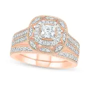 0.75 CT. T.W. Princess-Cut Natural Diamond Double Cushion Frame Antique Vintage-Style Bridal Engagement Ring Set in Solid 10K Rose Gold