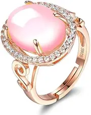 [HONGCAIHU] Rose Quartz Stone Ring for Women 14K Gold Plated Birthstone Rings CZ Eternity Engagement Wedding Band Ring for Women Size Adjustable