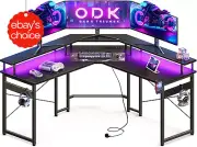L-Shaped Gaming Desk with LED Lights Power Outlet Monitor Stand Headphone Hook