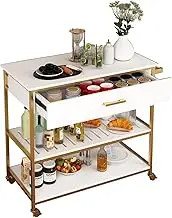 Luxsuite Mobile Kitchen Island Storage Cart Serving Trolley 3 Tier Rack & 1 Drawer Rolling Utility Cart with Wheels & 2 Lockable Caster Metal Frame Gold