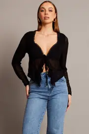Black Tie Up Front Top Long Sleeve Lace - Size 8XS, Women's Bolero