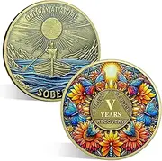 ACGZQY Sobriety Coin, 5 Year Sunflower Butterfly Sobriety Chip AA Coin and Medallions One Day at A Time Sober Token Narcotics Alcoholics Anonymous Recovery Gifts