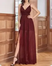 Ever Pretty Formal Dress Burgundy Chiffon Maxi Bridesmaid Prom Size 14 NWT
