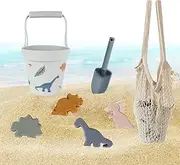LUFEIS Silicone Sand Toy Set, Beach Toy for Children, with Bucket, Mesh Bag, Sand Moulds, Soft Plastic Toy Beach for Outdoor Toy, Garden Toy (Dinosaur Model)