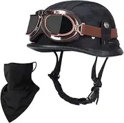 German Style Leather Motorcycle Half Helmet for Adults Men Women, DOT Approved Vintage Cap Half Face Shell Motorcycle Helmets for Cruiser Scooter Moped Chopper Jet Touring Helmet+Goggles