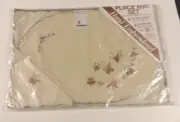 NOS Beige 8pc Set Tablecloth Placemats Napkins Embroidery Butterflies Floral