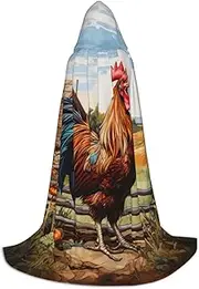 SKKNT Rooster On Wood In Farmland Print Halloween Hooded Cloak Full Length Cape With Hood For Men And Women For Carnival