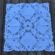 Vintage German White Square Tablecloth Topper Scalloped Cut Outs 33” X 33”