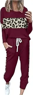 [SHOPESSA] Lounge Sets for Women 2 Piece Outfits Long Sleeve Leopard Patchwork Pants Set Long Sleeve Lounge Pants Set for Women, Wine, S, Wine, S