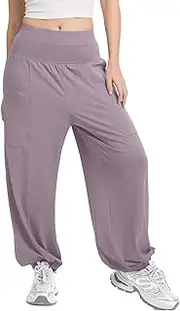 [Mintreus] Women's Harem Pants, High Waist Boho Palazzo Trousers with Front Pockets Summer Hippie Pants 2025, Gray Purple, Large