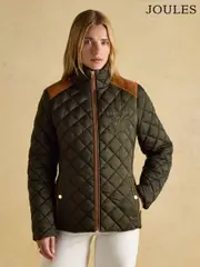 Joules Braemar Luxe Khaki Green Showerproof Diamond Quilted Coat (152768) | $298