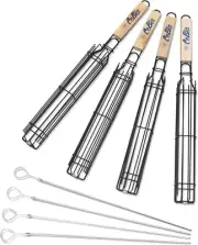 (4 Pack) Shish Kabob Grilling Basket + Flat Metal Skewers, Outdoor Camp Grilling