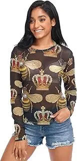 [RPLIFE] Bees Royal Crowns Black Long Sleeve Fishnet Top, Rave Mesh Top S-XXL